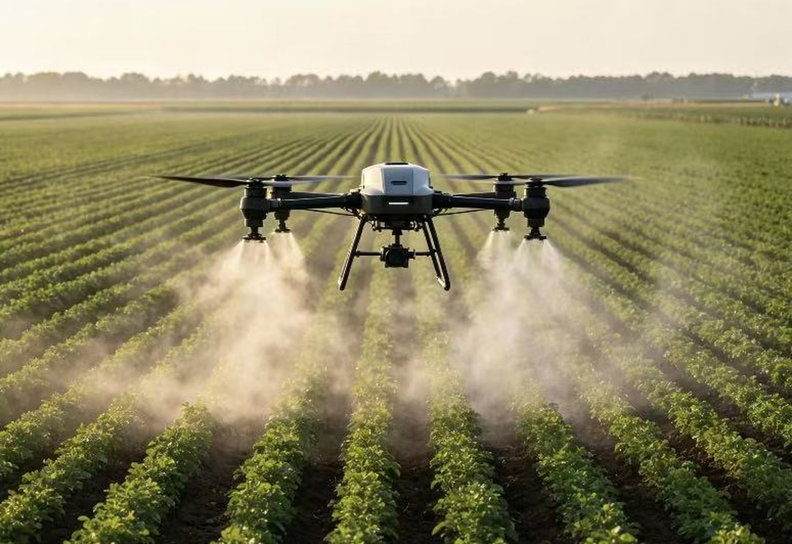 Agricultural drone spraying a crop field