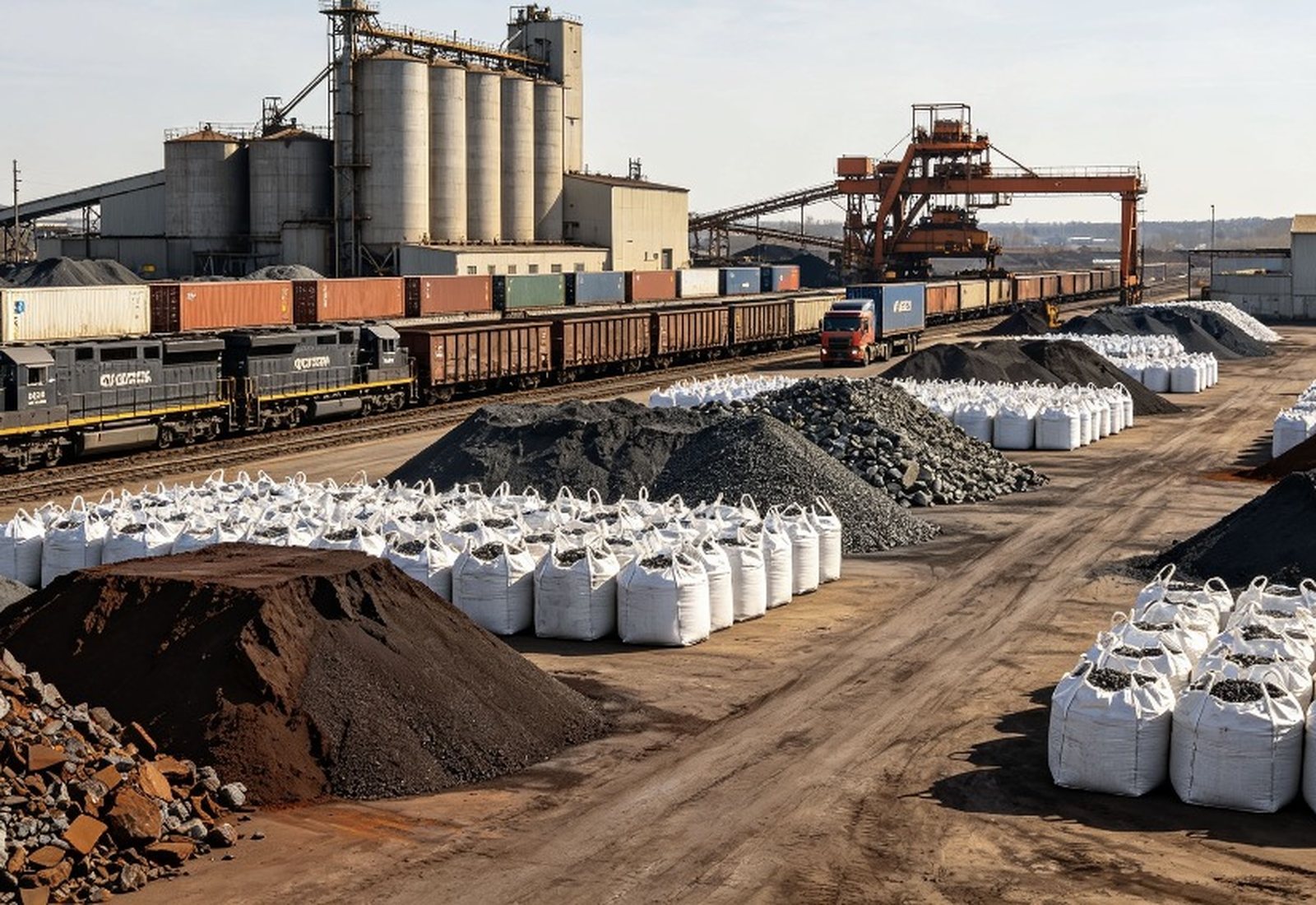 Bulk mineral stockyard with rail freight and container terminal