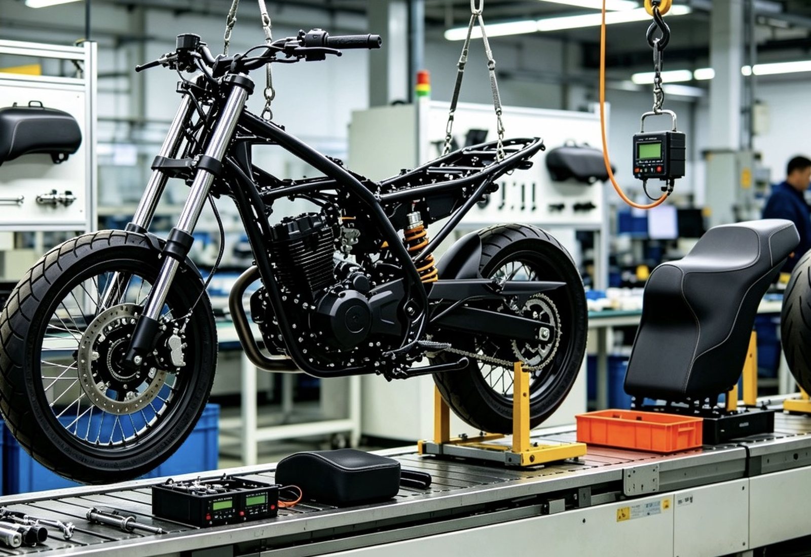 Motorcycle assembly line with precision parts