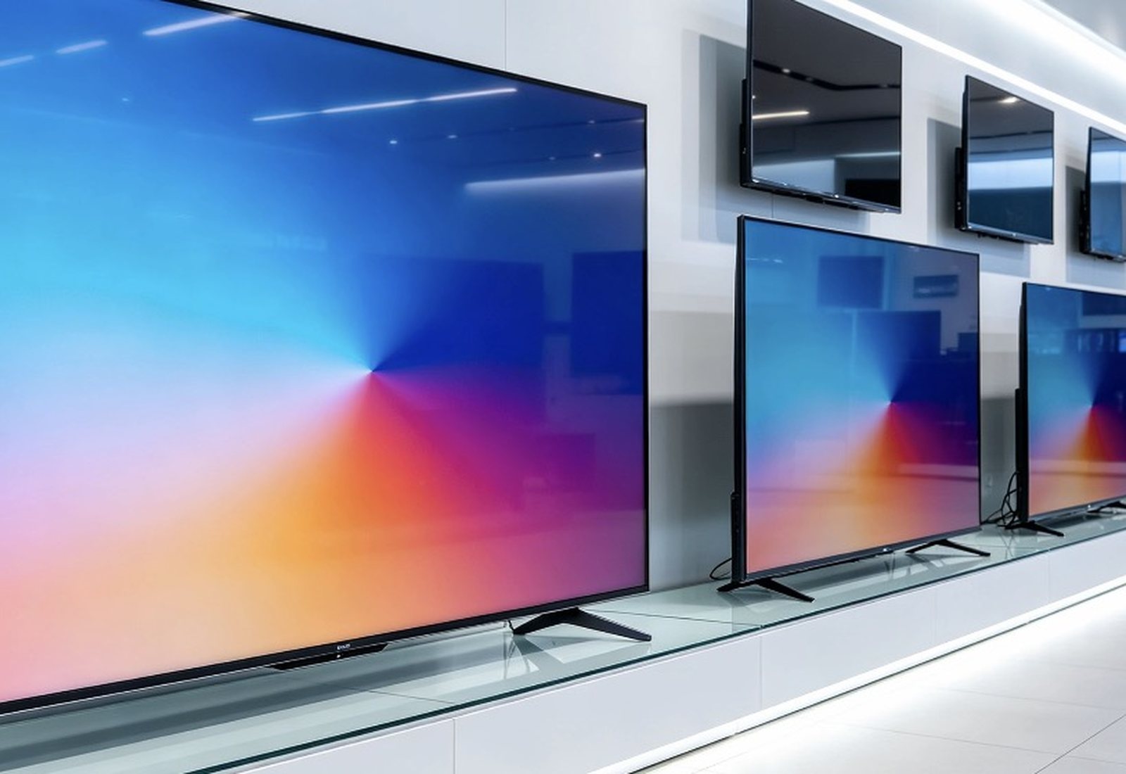 Consumer electronics showroom with large display panels
