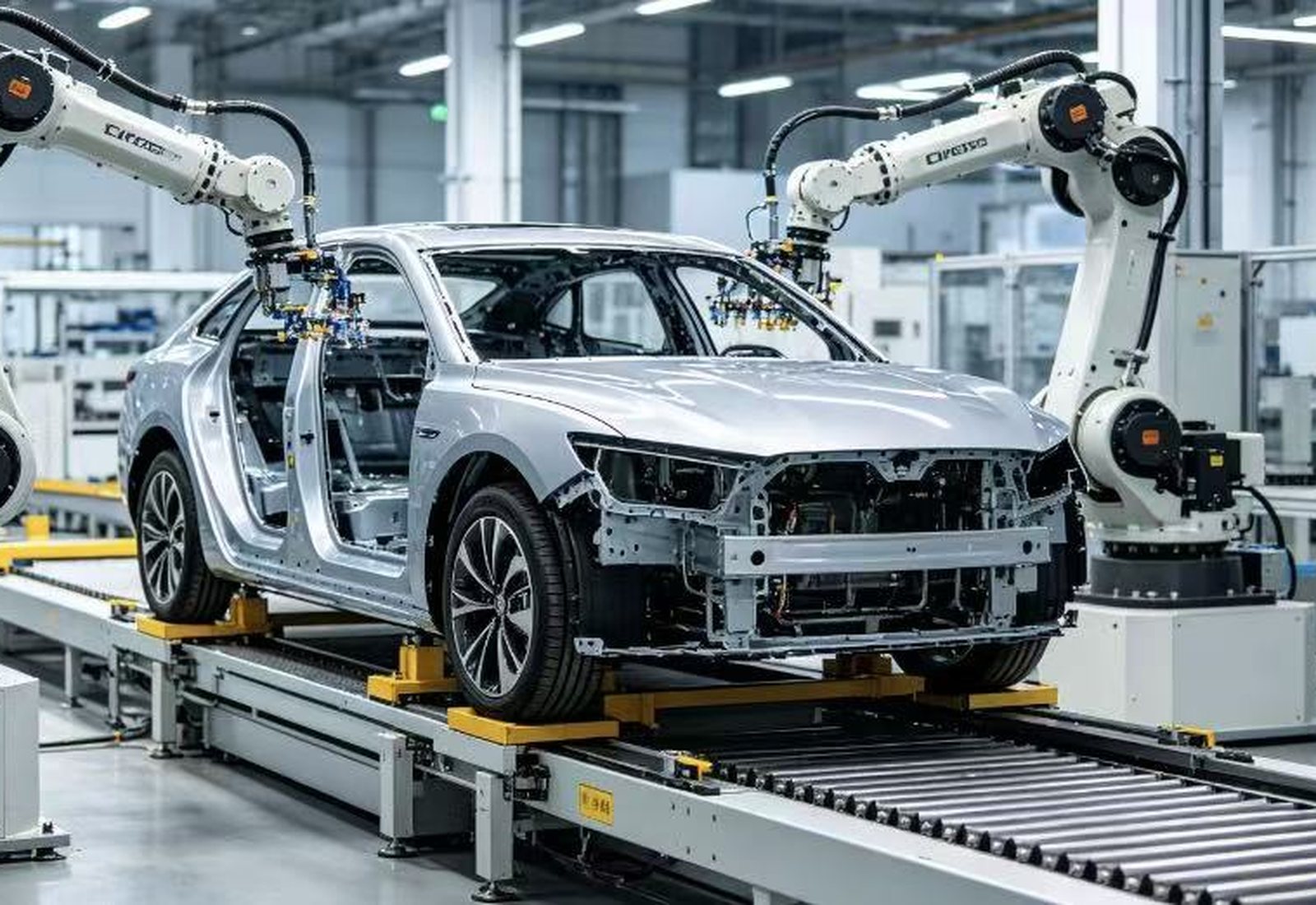 Automotive body-in-white welding line with industrial robots