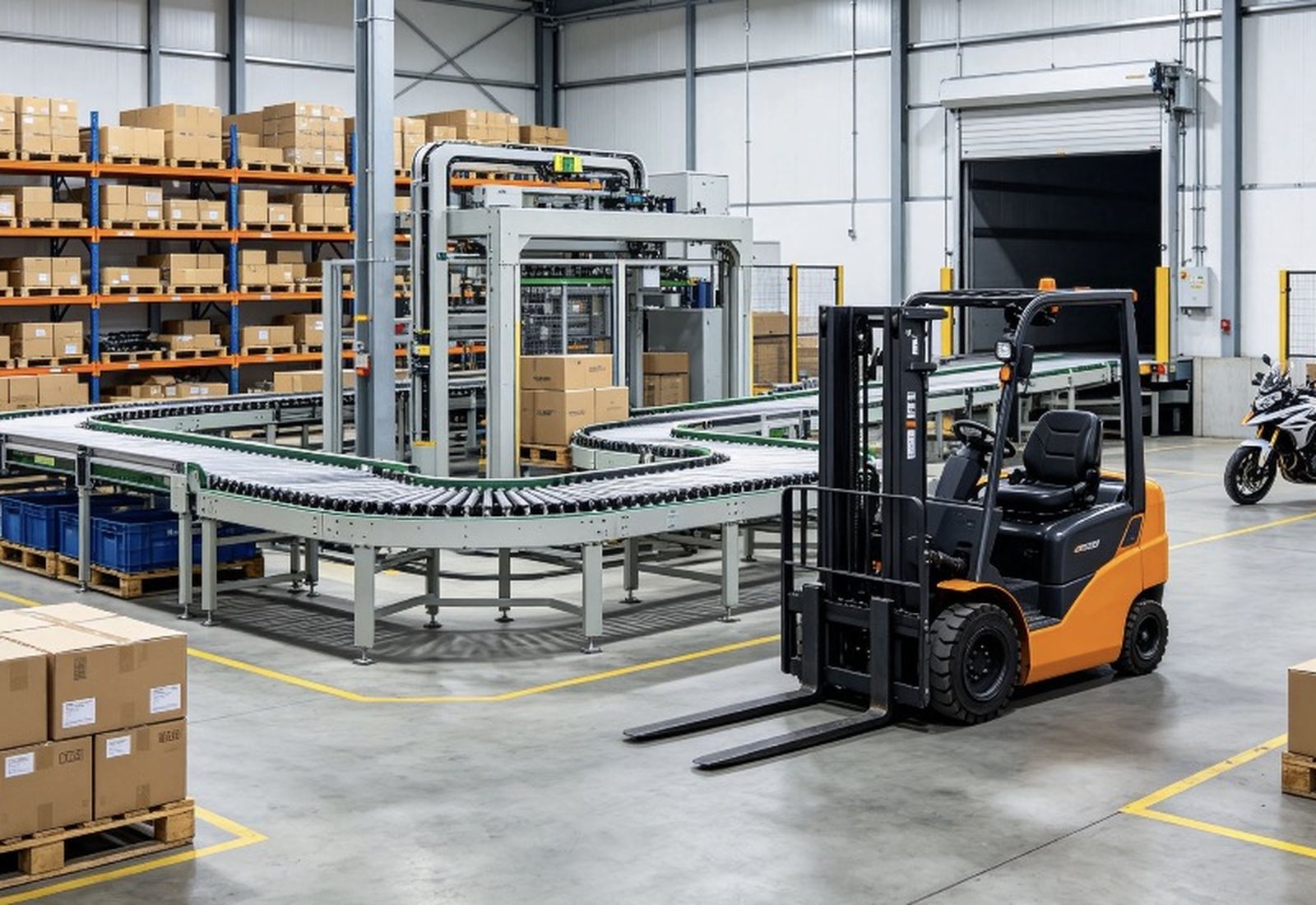 Automated warehouse with forklift and conveyor sorting line